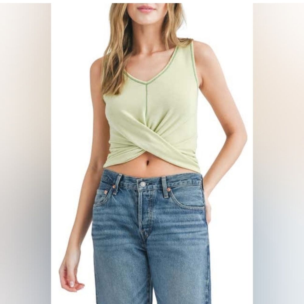 Lush Contrast Stitch Twist Front Tank Large, PALE GREEN